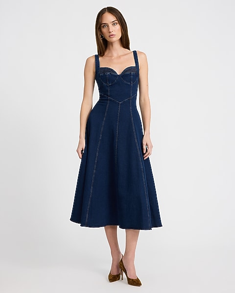 Stretch Denim Sweetheart Seamed Midi Dress - Dark Denim