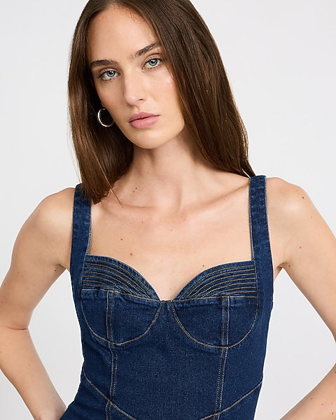 Stretch Denim Sweetheart Seamed Midi Dress - Dark Denim