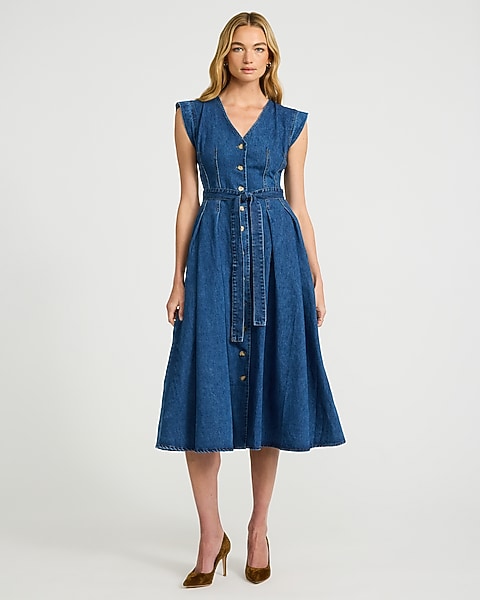 Denim V-Neck Button Front Belted Midi Dress with Pockets - Dark Denim