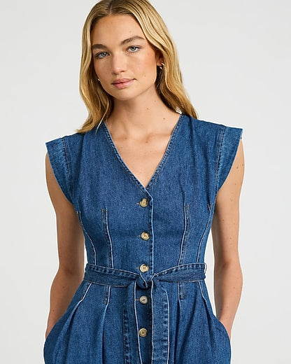 Denim V-Neck Button Front Belted Midi Dress with Pockets - Dark Denim