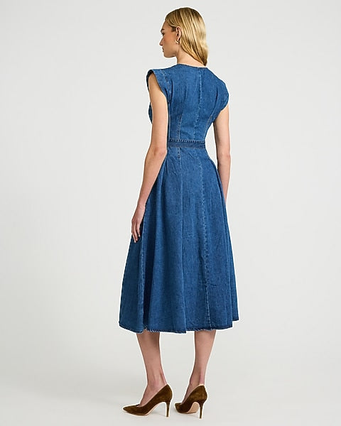 Denim V-Neck Button Front Belted Midi Dress with Pockets - Dark Denim
