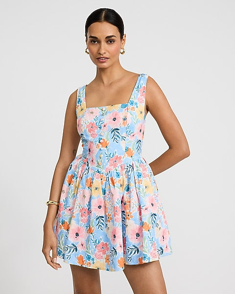 Floral Jacquard Button Front Dipped Waist Mini Dress