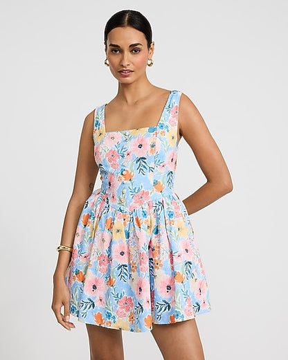Floral Jacquard Button Front Dipped Waist Mini Dress