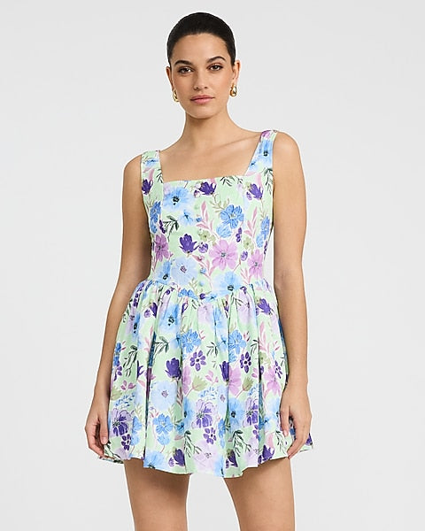 Floral Jacquard Button Front Dipped Waist Mini Dress