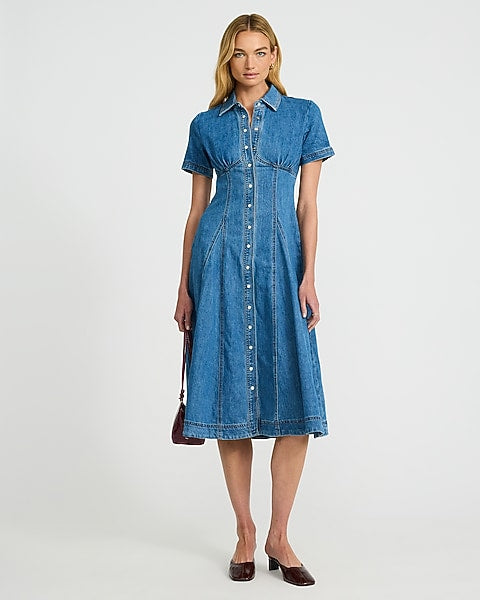 Denim Corset Short Sleeve Button Front Midi Dress - Medium Wash