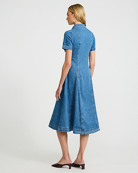 Denim Corset Short Sleeve Button Front Midi Dress - Medium Wash