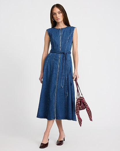 Stretch Denim Cap Sleeve Zip Front Belted Midi Dress - Dark Denim