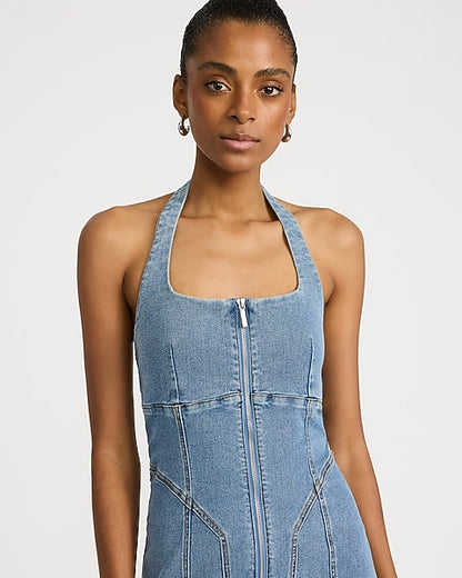 Denim Halter Square Neck Zip Front Seamed Midi Dress - Medium Wash