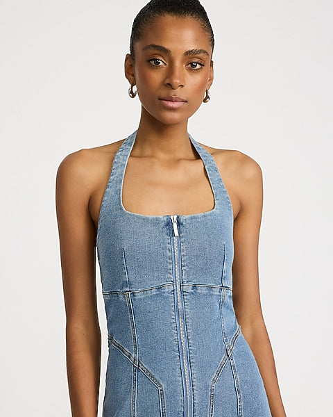 Denim Halter Square Neck Zip Front Seamed Midi Dress - Medium Wash