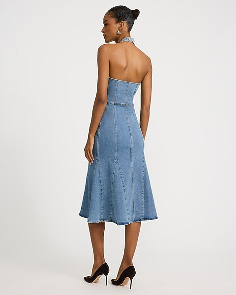 Denim Halter Square Neck Zip Front Seamed Midi Dress - Medium Wash