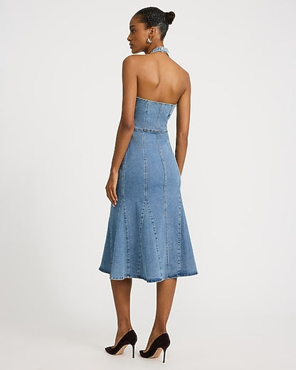 Denim Halter Square Neck Zip Front Seamed Midi Dress - Medium Wash