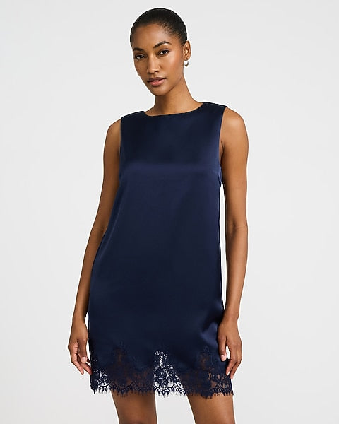 Lace Trim Satin Sleeveless Mini Shift Dress