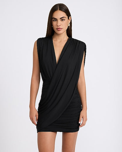 V-Neck Cap Sleeve Draped Wrap Mini Dress