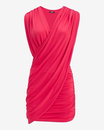 V-Neck Cap Sleeve Draped Wrap Mini Dress