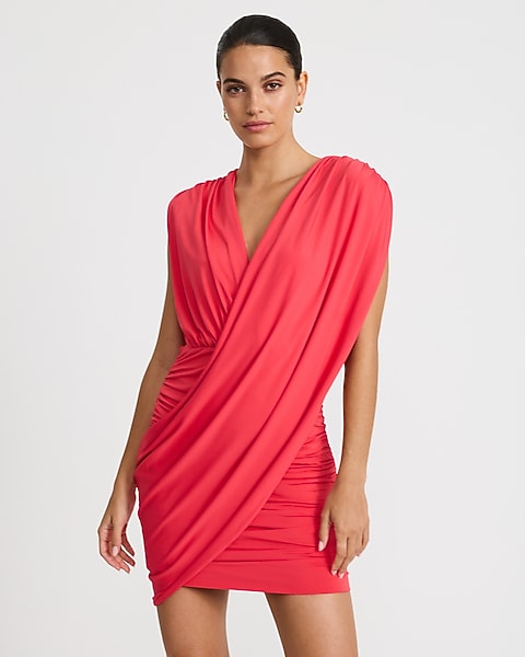 V-Neck Cap Sleeve Draped Wrap Mini Dress