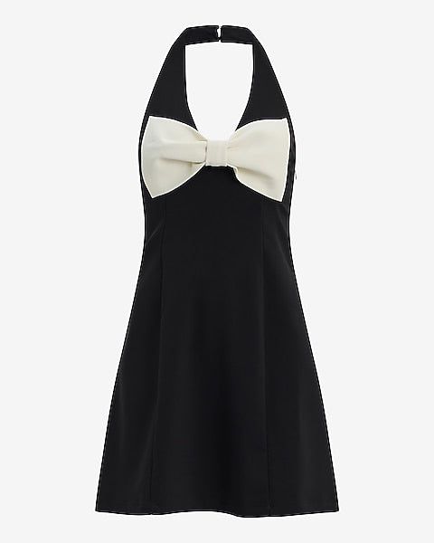 Color Block Halter V-Neck Bow Front Mini Dress - Pitch Black