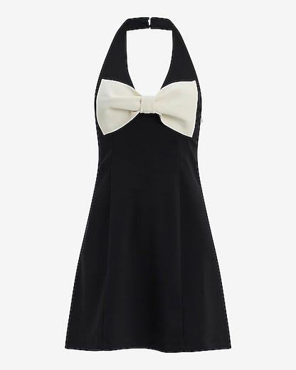 Color Block Halter V-Neck Bow Front Mini Dress - Pitch Black