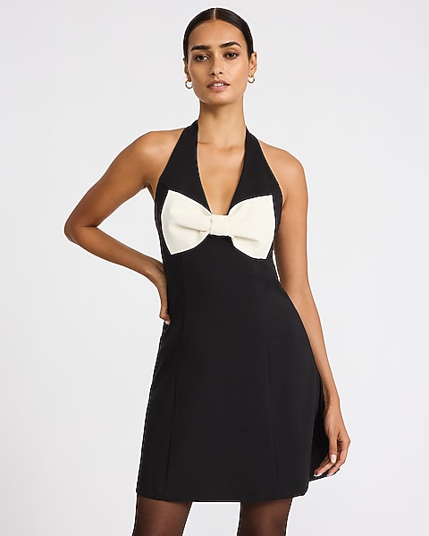 Color Block Halter V-Neck Bow Front Mini Dress - Pitch Black