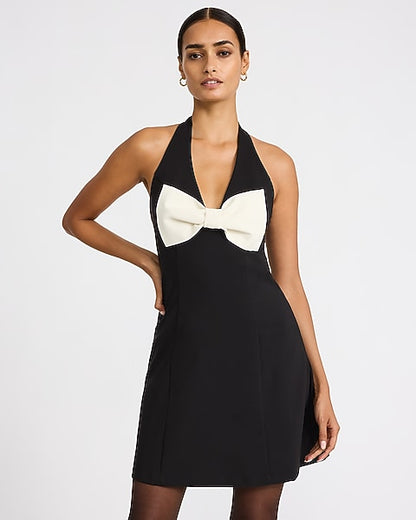 Color Block Halter V-Neck Bow Front Mini Dress - Pitch Black