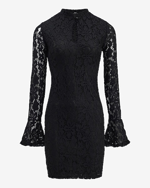 Lace Mock Neck Keyhole Bell Sleeve Mini Dress - Pitch Black