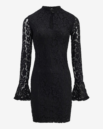 Lace Mock Neck Keyhole Bell Sleeve Mini Dress - Pitch Black