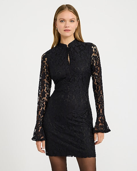 Lace Mock Neck Keyhole Bell Sleeve Mini Dress - Pitch Black