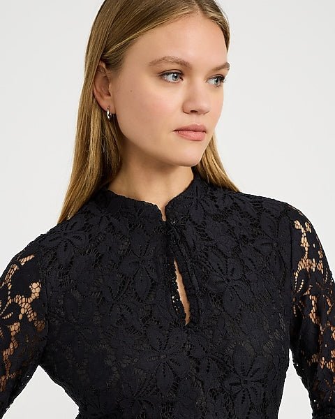 Lace Mock Neck Keyhole Bell Sleeve Mini Dress - Pitch Black
