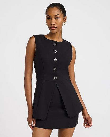 Crew Neck Novelty Button Tailored Vest Mini Dress - Pitch Black