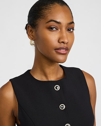 Crew Neck Novelty Button Tailored Vest Mini Dress - Pitch Black