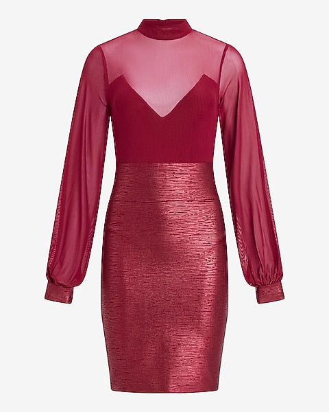 Express x bebe | Sheer Mock Neck Metallic Bandage Mini Dress