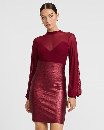 Express x bebe | Sheer Mock Neck Metallic Bandage Mini Dress