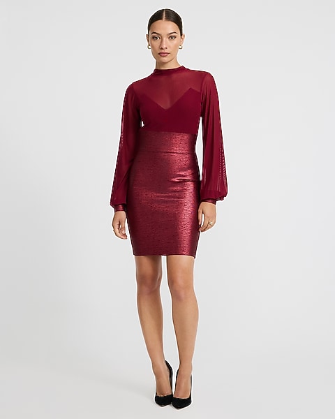 Express x bebe | Sheer Mock Neck Metallic Bandage Mini Dress