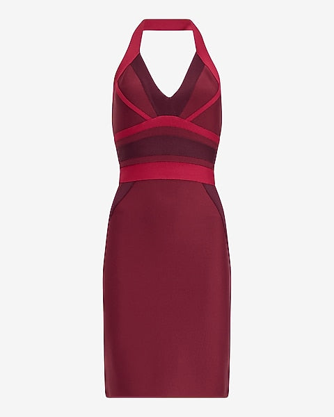 Express x bebe | Color Block Halter V-Neck Bandage Mini Dress - Maroon