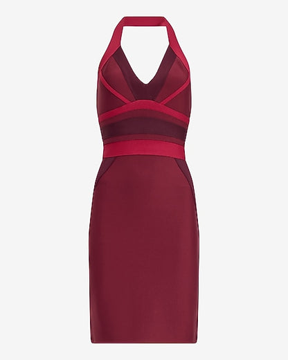 Express x bebe | Color Block Halter V-Neck Bandage Mini Dress - Maroon