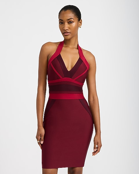 Express x bebe | Color Block Halter V-Neck Bandage Mini Dress - Maroon