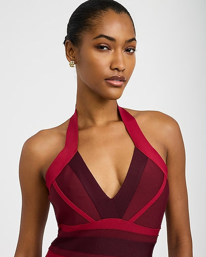 Express x bebe | Color Block Halter V-Neck Bandage Mini Dress - Maroon