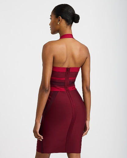 Express x bebe | Color Block Halter V-Neck Bandage Mini Dress - Maroon