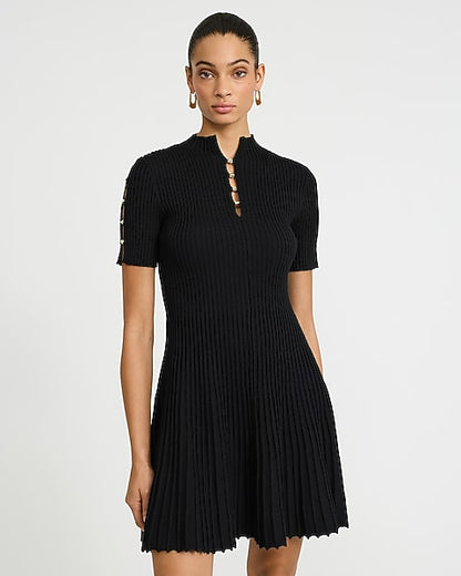 Mock Neck Novelty Hardware Keyhole Pleated Mini Sweater Dress