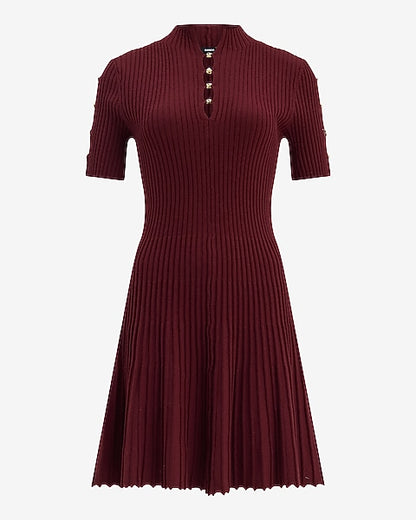 Mock Neck Novelty Hardware Keyhole Pleated Mini Sweater Dress