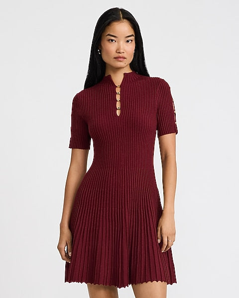 Mock Neck Novelty Hardware Keyhole Pleated Mini Sweater Dress