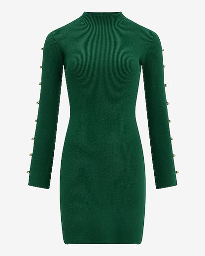 Mock Neck Hardware Keyhole Mini Sweater Dress in Airy Soft
