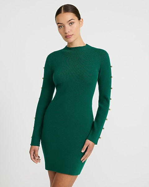 Mock Neck Hardware Keyhole Mini Sweater Dress in Airy Soft