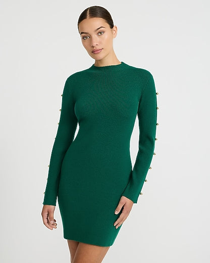 Mock Neck Hardware Keyhole Mini Sweater Dress in Airy Soft