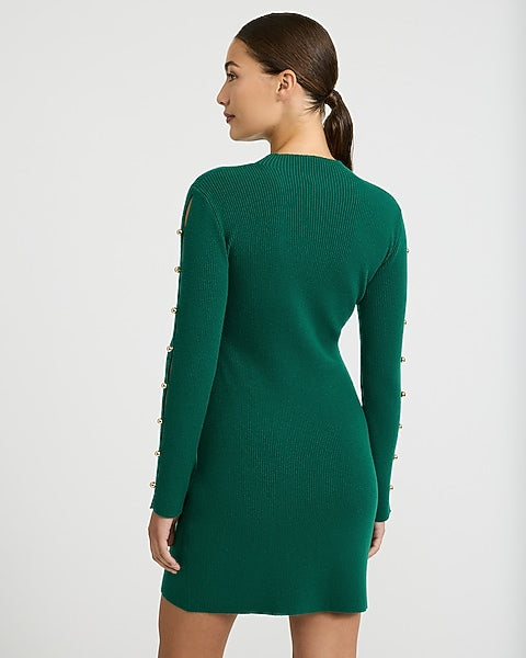 Mock Neck Hardware Keyhole Mini Sweater Dress in Airy Soft