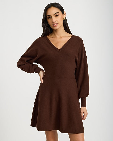 V-Neck Dolman Sleeve Mini Sweater Dress in Airy Soft