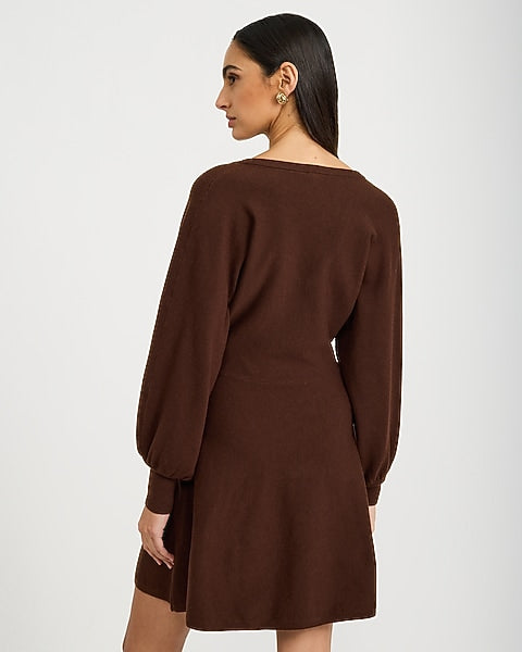 V-Neck Dolman Sleeve Mini Sweater Dress in Airy Soft
