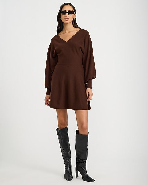 V-Neck Dolman Sleeve Mini Sweater Dress in Airy Soft
