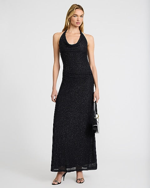 Metallic Cowl Halter Neck Sleeveless Maxi Dress