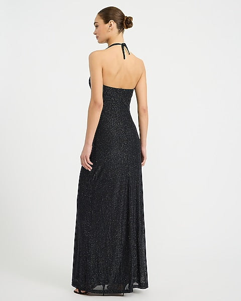 Metallic Cowl Halter Neck Sleeveless Maxi Dress