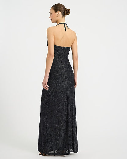 Metallic Cowl Halter Neck Sleeveless Maxi Dress